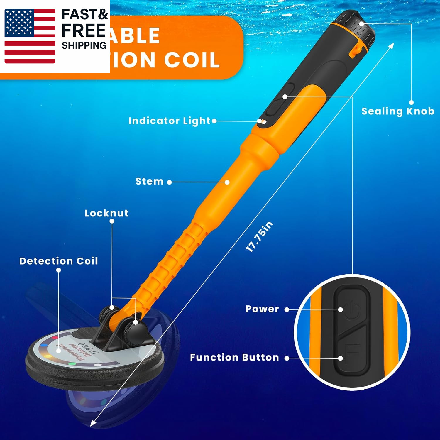 Professional Underwater Metal Detector with IP68 Waterproof Rating, 1600Mah Rech