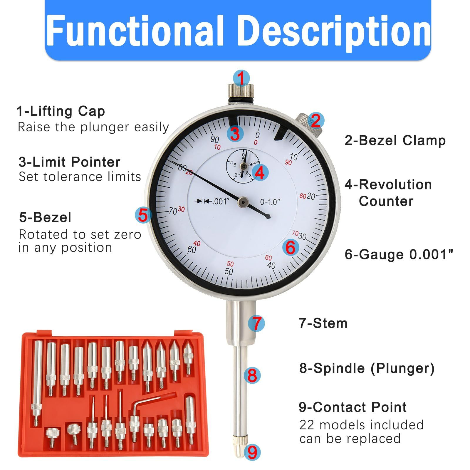 Dial Indicator with Magnetic Base and Point Precision Inspection Set, red