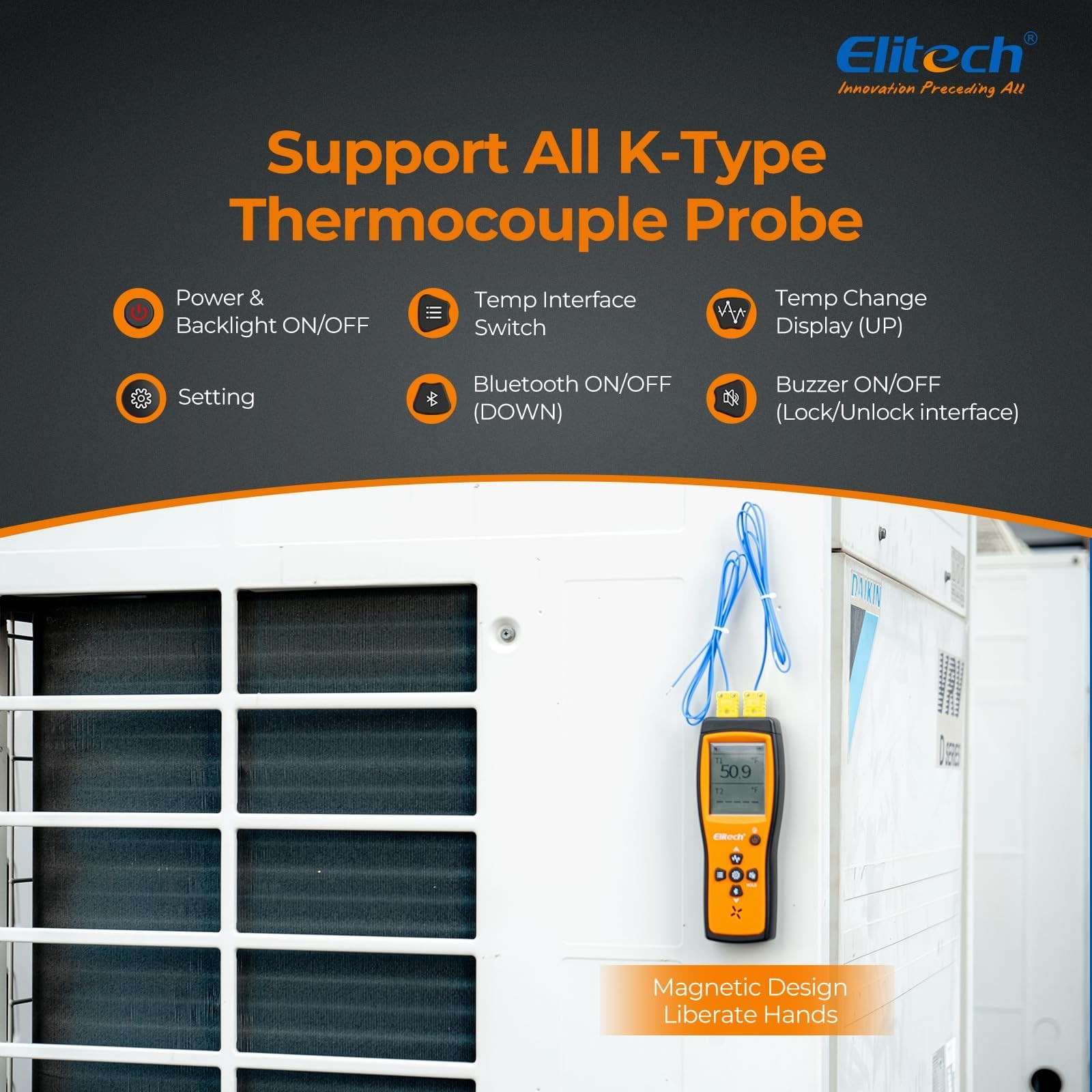 Elitech Bluetooth Thermocouple Thermometer Digital Temperature Data Orange