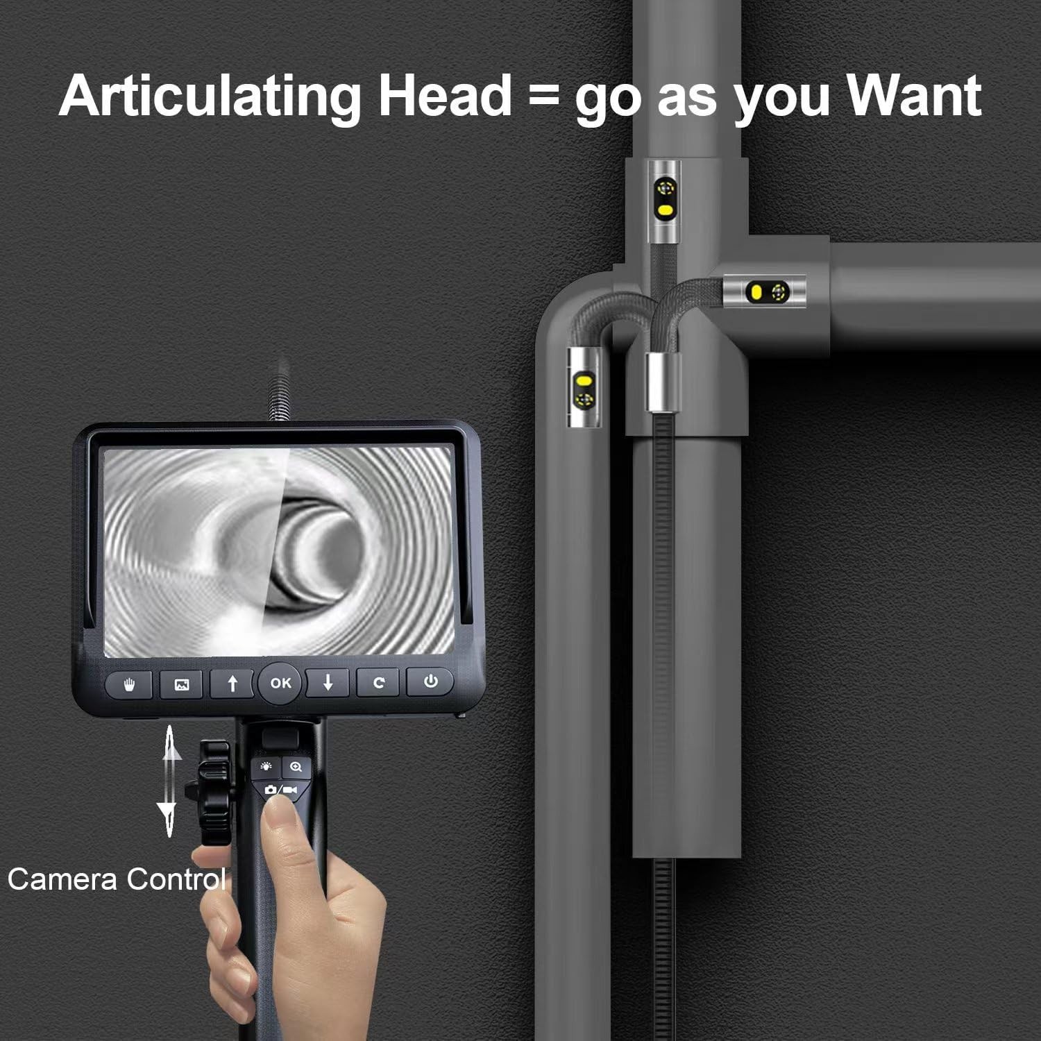 Dual-Lens Articulating Borescope with Light 5FT