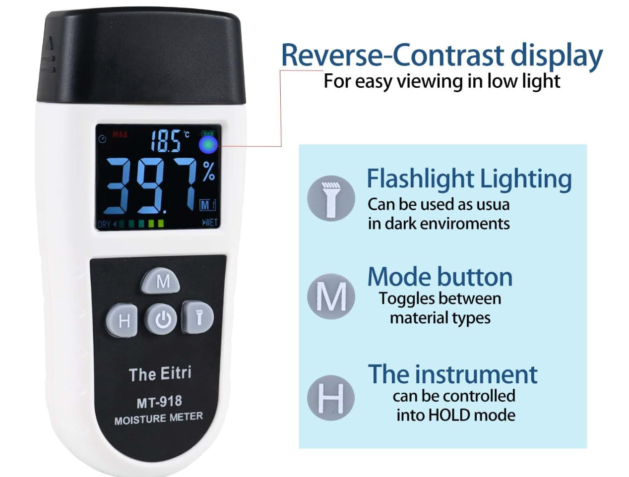 Wood Moisture Meter with Flashlight, Water Leak Detector, Moisture Tester
