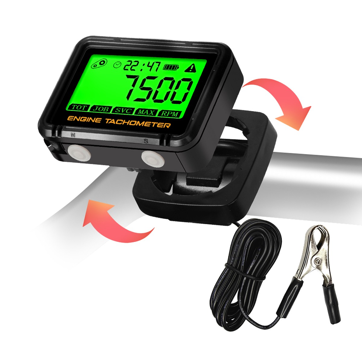 Digital Tachometer Hour Meter Waterproof IP68 RPM Alert 0-18000 LCD Backlight
