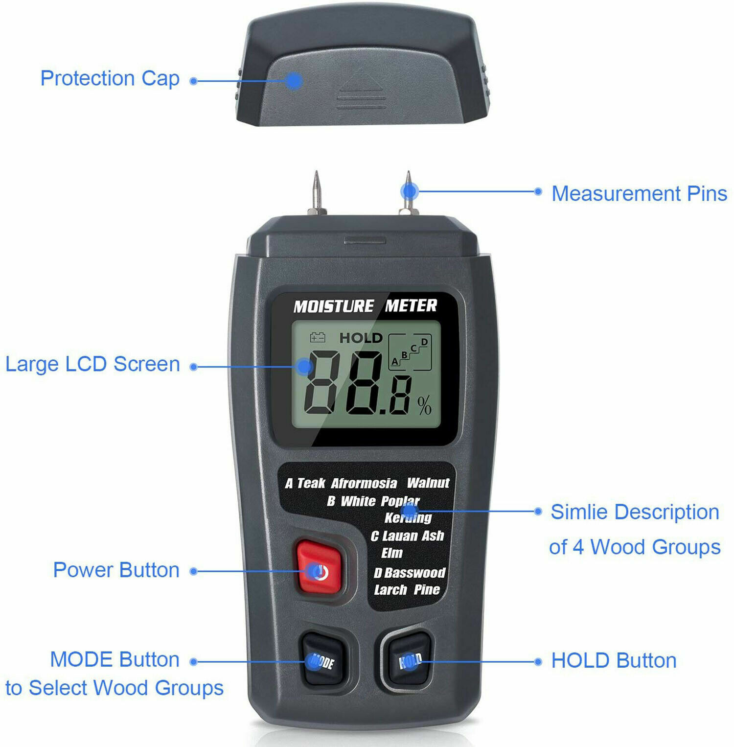 Wood Moisture Meter Handheld 2 Pins Digital Lumber Timber Tester EMT01 USA