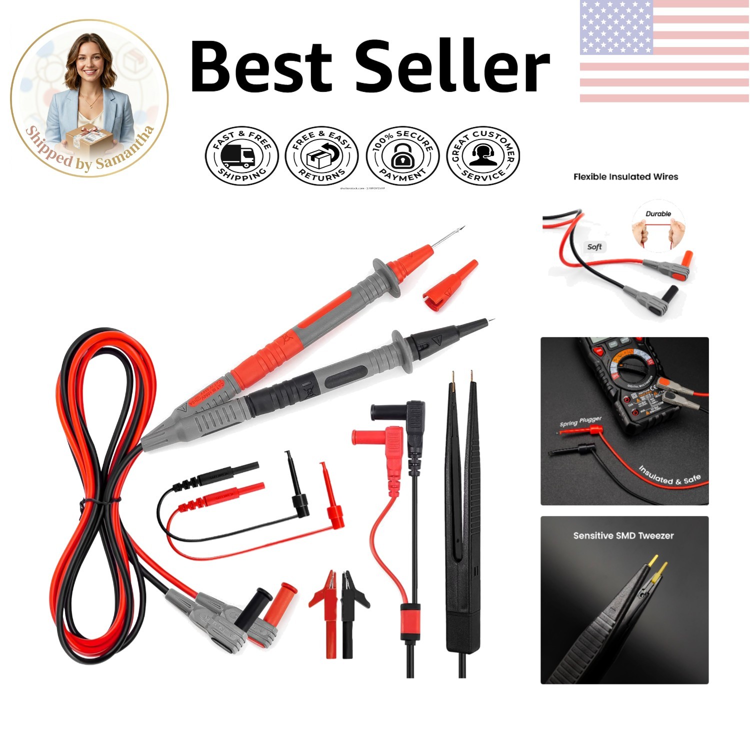 Electrical Lead Kit for Fluke & INNOVA Multimeters, 48″ with Clips