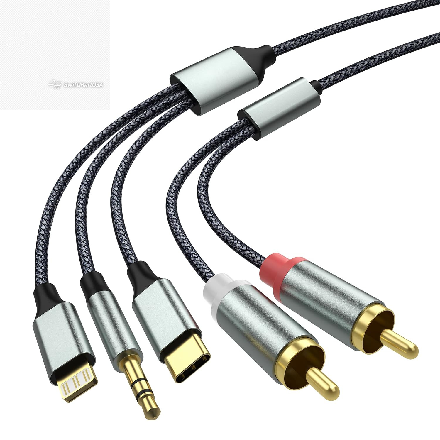 3 in 1 RCA Audio Cable Lightning USB-C 3.5mm Aux to 2 RCA Amp Home Theater 4.2Ft