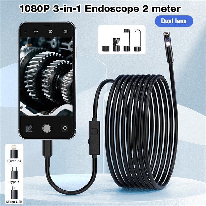 2M Dual Lens Borescope 1080P IP67 Waterproof LED Cam Auto Pipe Engine Inspection