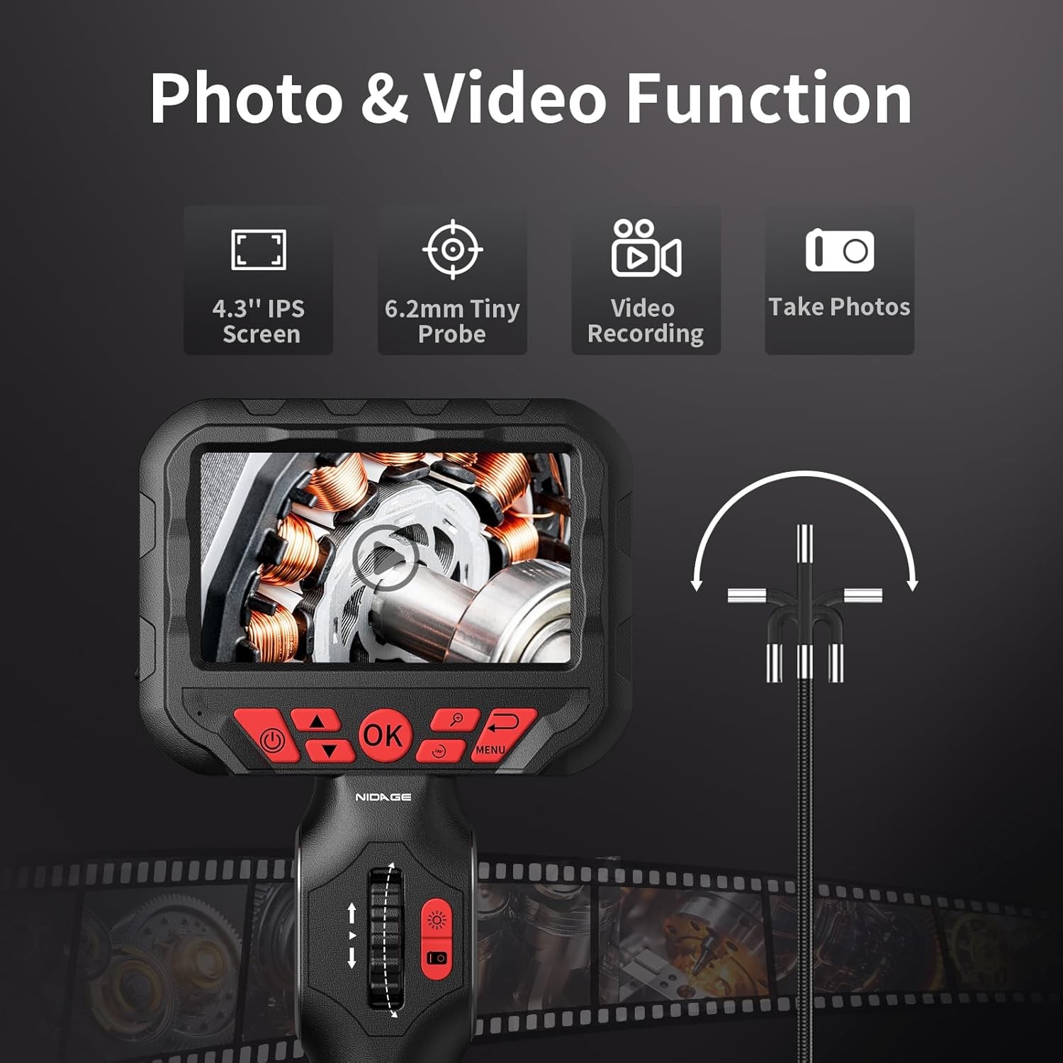 5.2FT Flexible Fiber Optic Scope Camera with Light, Two-Way Articulating Endosco