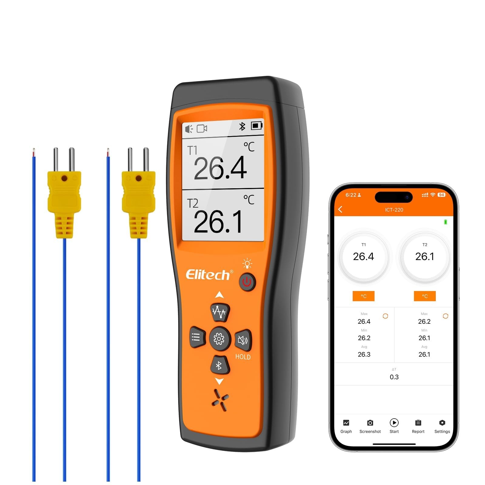 Elitech Bluetooth Thermocouple Thermometer Digital Temperature Data Orange