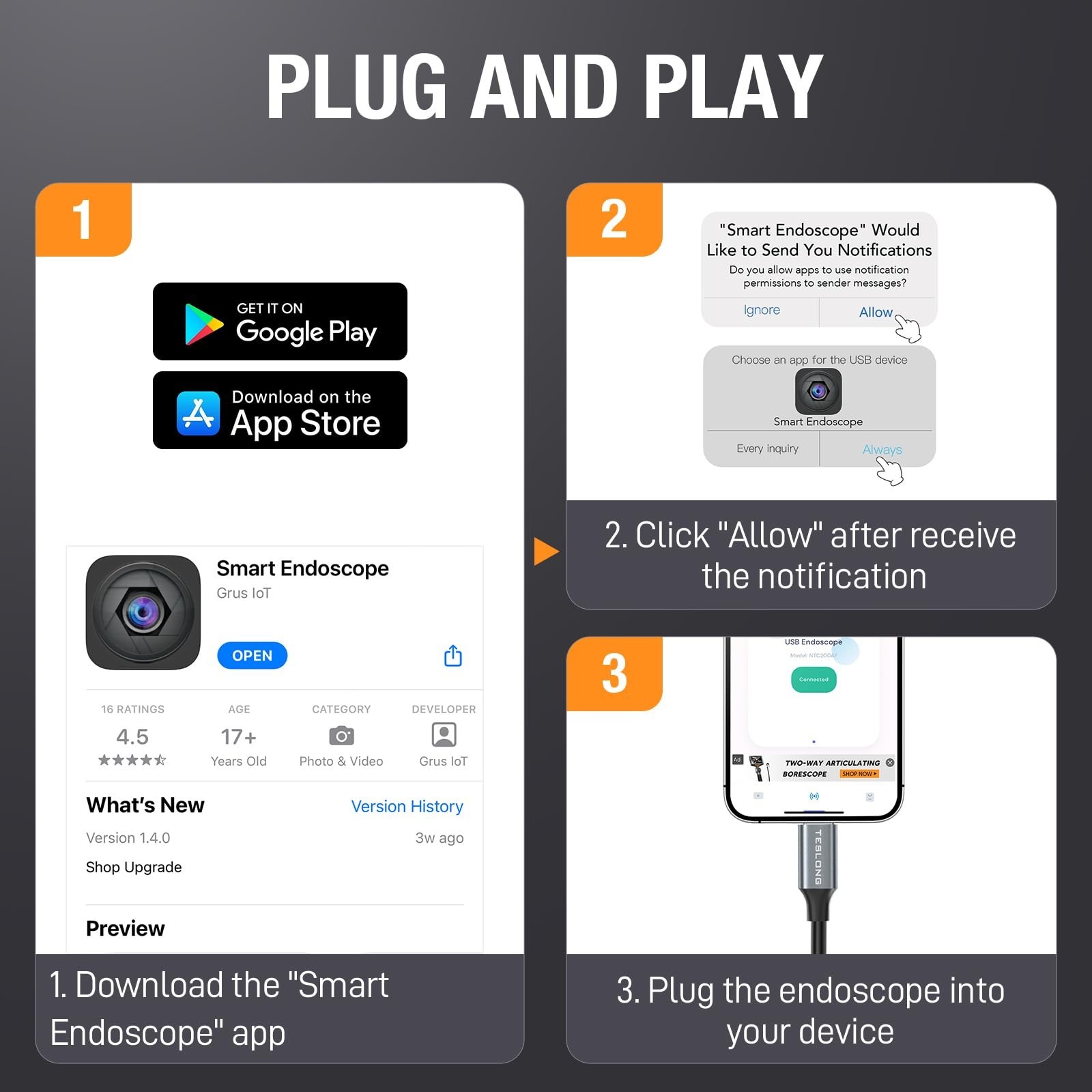 2.0MP HD Autofocus Borescope Endoscope Camera, 16.5ft Flexible USB-C Inspection