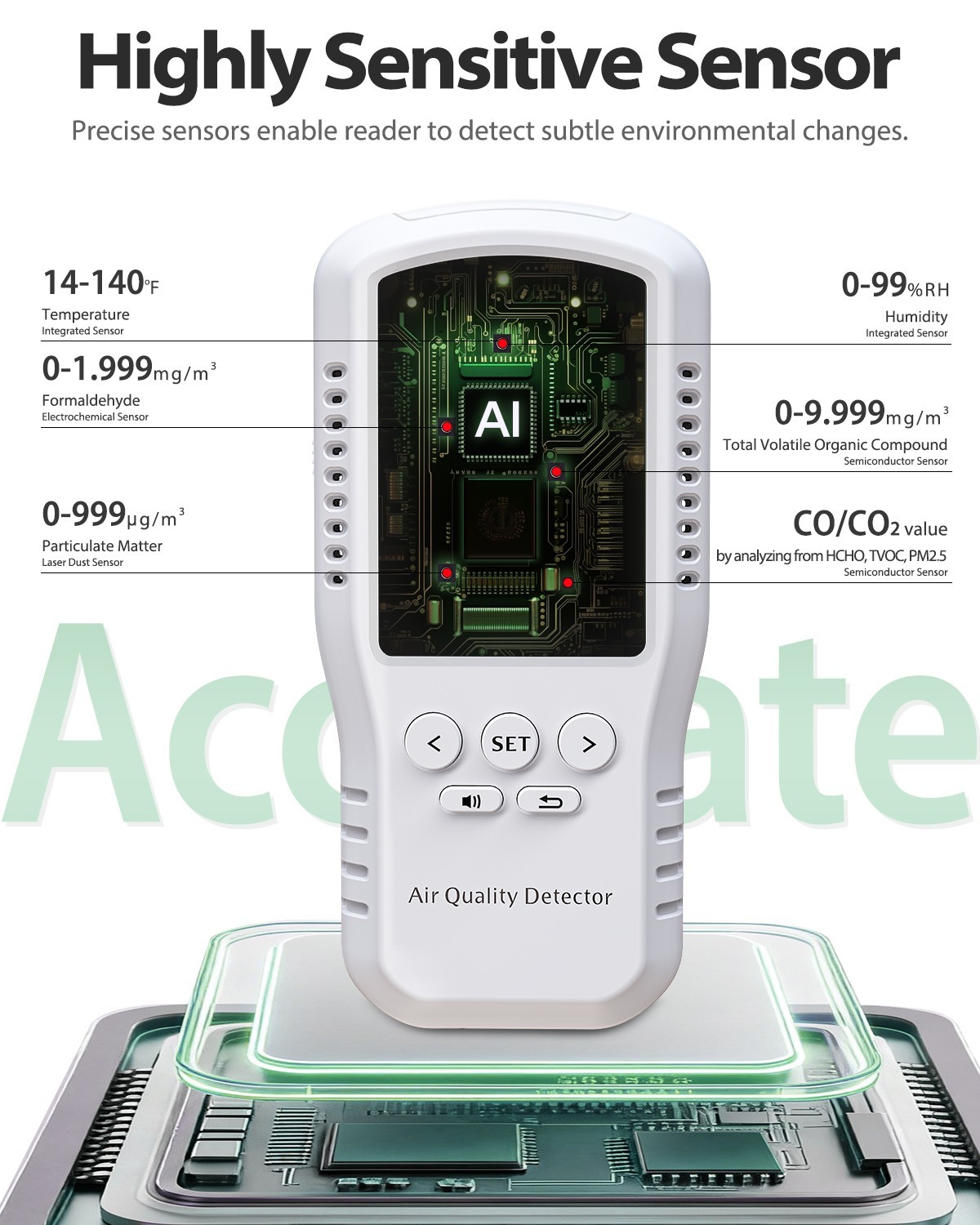 8-In-1 Air Quality Monitor, HCHO TVOC PM2.5 CO CO2 Detector