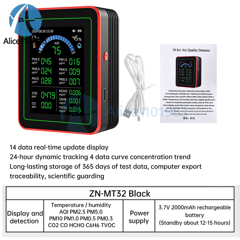 10in1 18in1 Air Quality Detector PM2.5 10 PM HCHO TVOC CO2 Formaldehyde Monitor