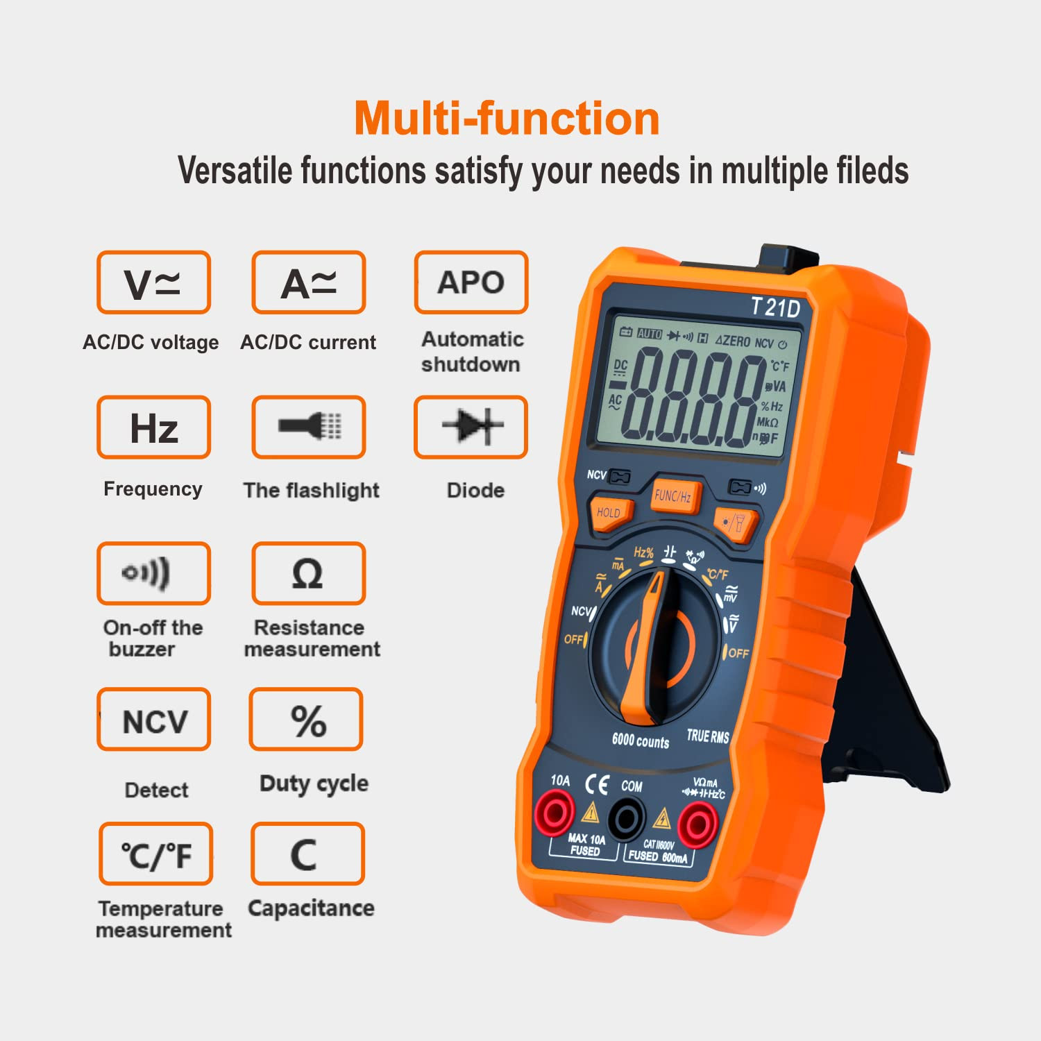 Auto-Ranging Digital Multimeter, TRMS 6000 Counts AC DC Voltmeter Ohm Volt Amp
