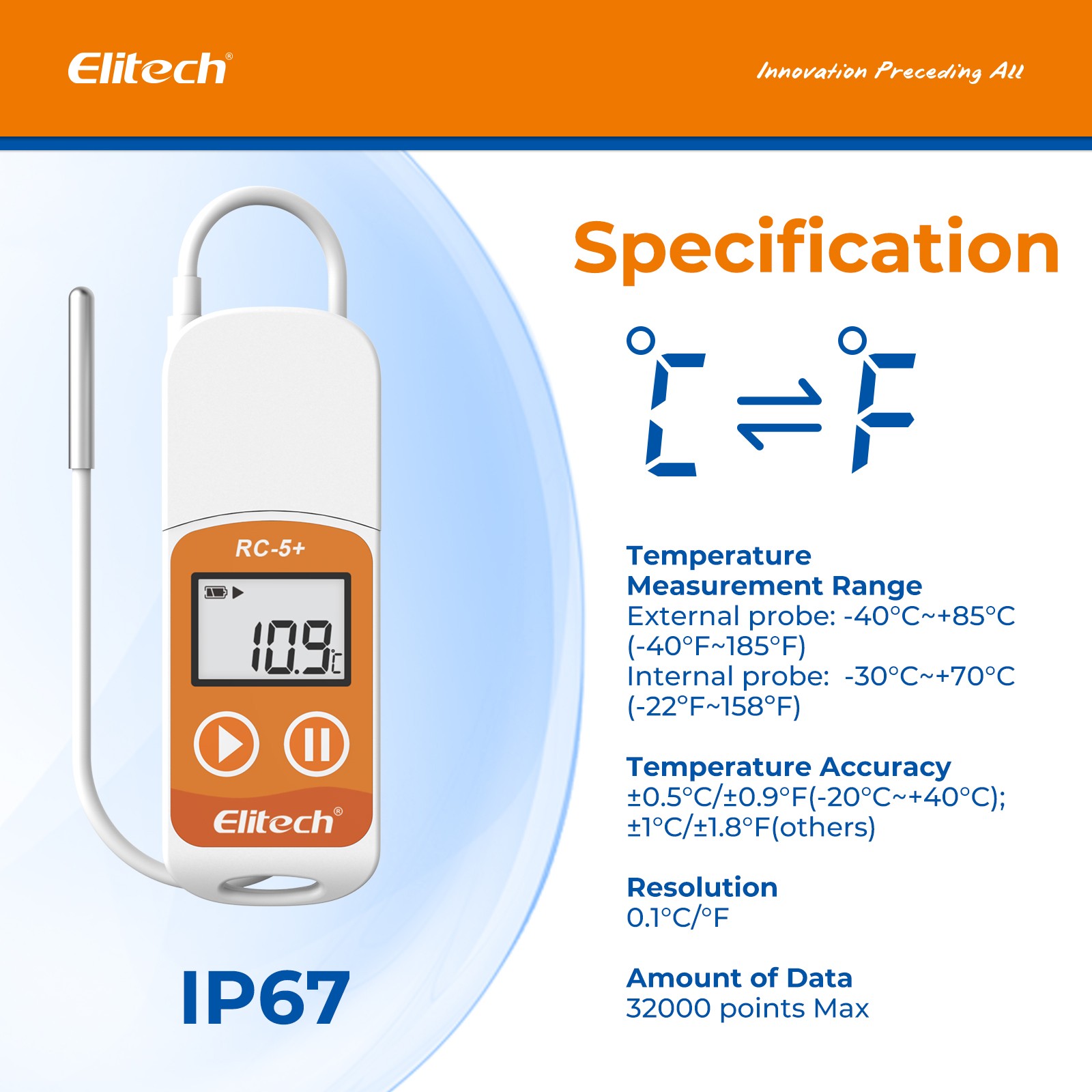 Elitech RC-5+ TE PDF USB Temperature Data Logger Reusable Temperature Recorder