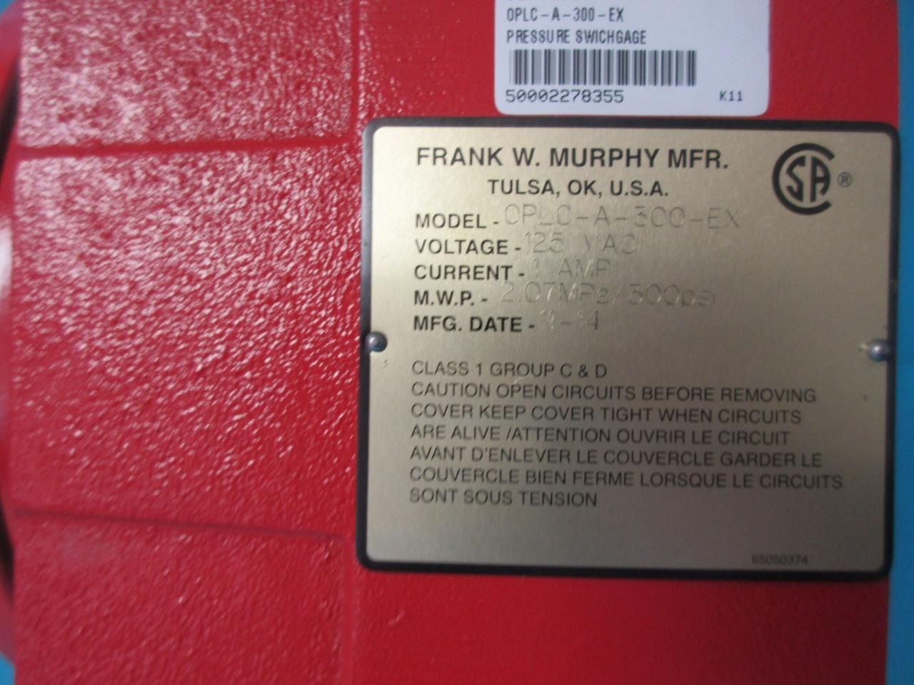 MURPHY EXPLOSION-PROOF PRESSURE SWITCHGAUGE OPLC-A-300-EX 125V 1A 300PSI/2.07MPA