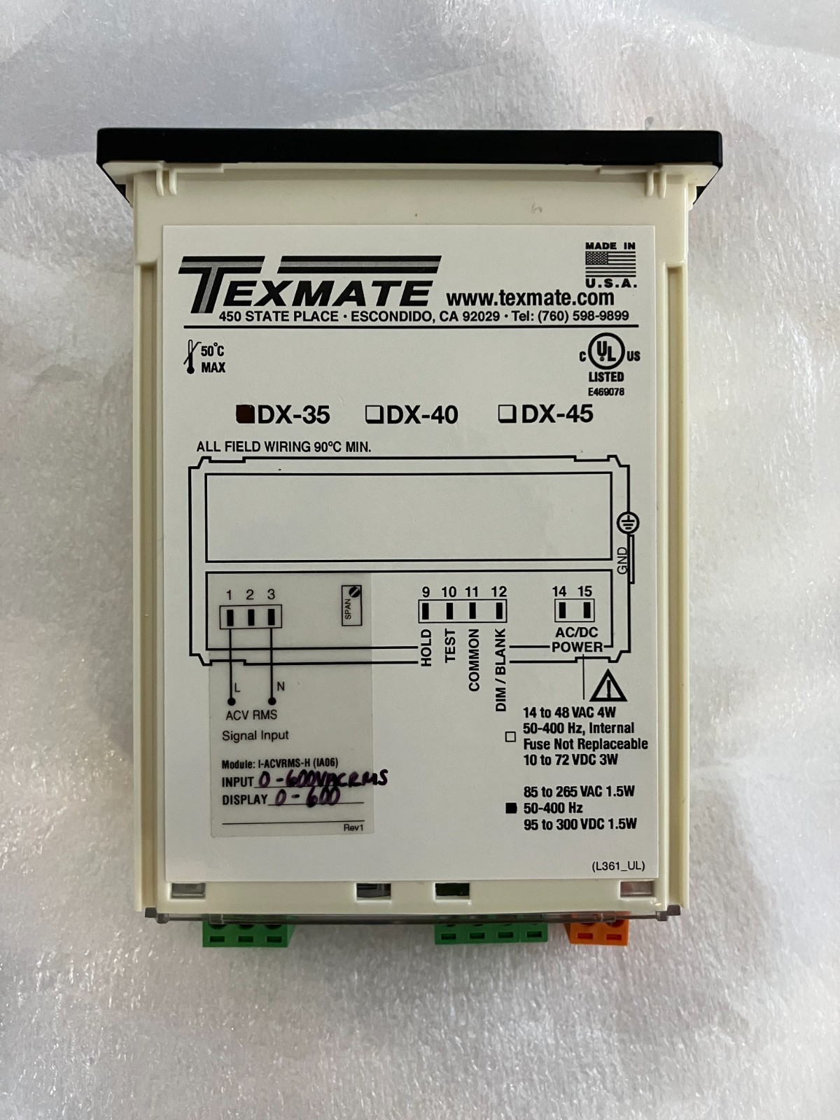 TEXMATE DX-35 PANEL METER 3.5 DIGIT .56 LED IN A 1/8 DIN CASE