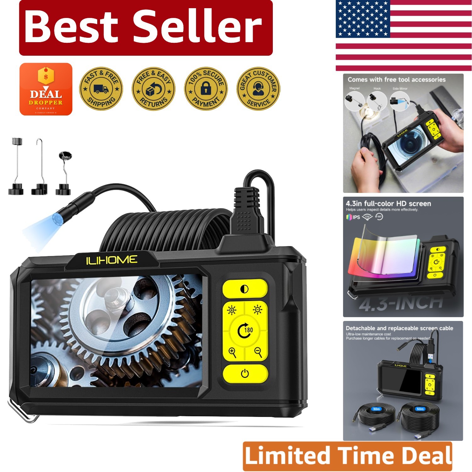 4.3-Inch HD Inspection Camera with Detachable 16.4ft Cable & 8 Adjustable LEDs