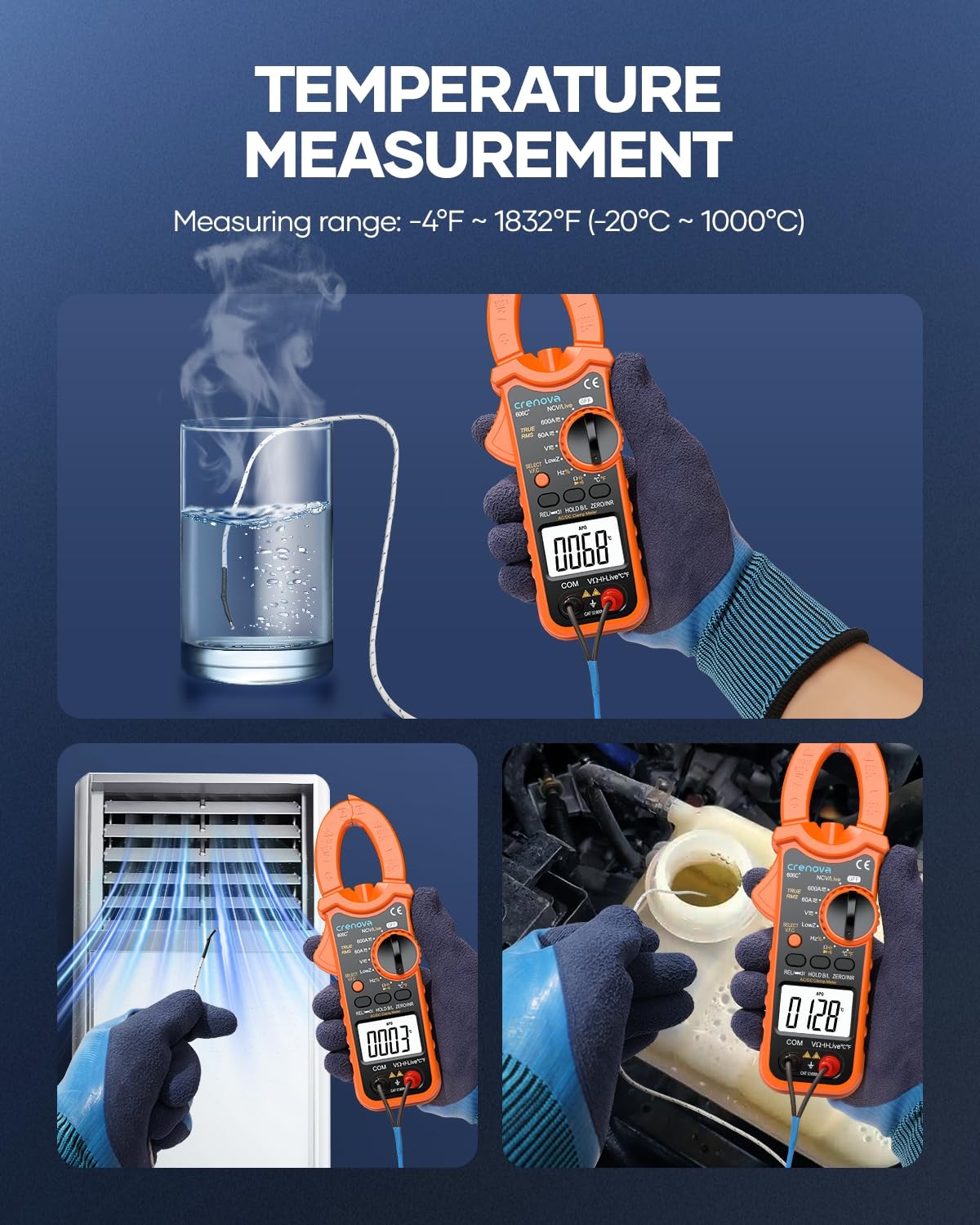 Crenova Clamp Meter Multimeter 600A AC/DC 6000Counts TRMS Electrical Orange