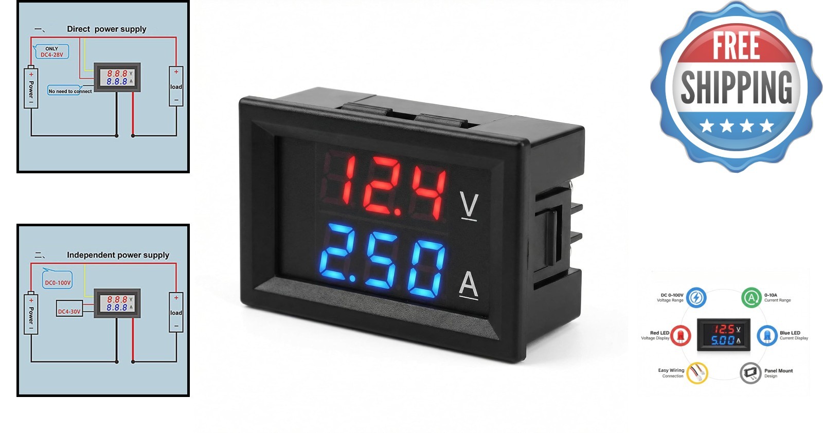 Efficient Dual-Color LED Digital Voltmeter – Mountable 0-100V 10A for Car & Boat