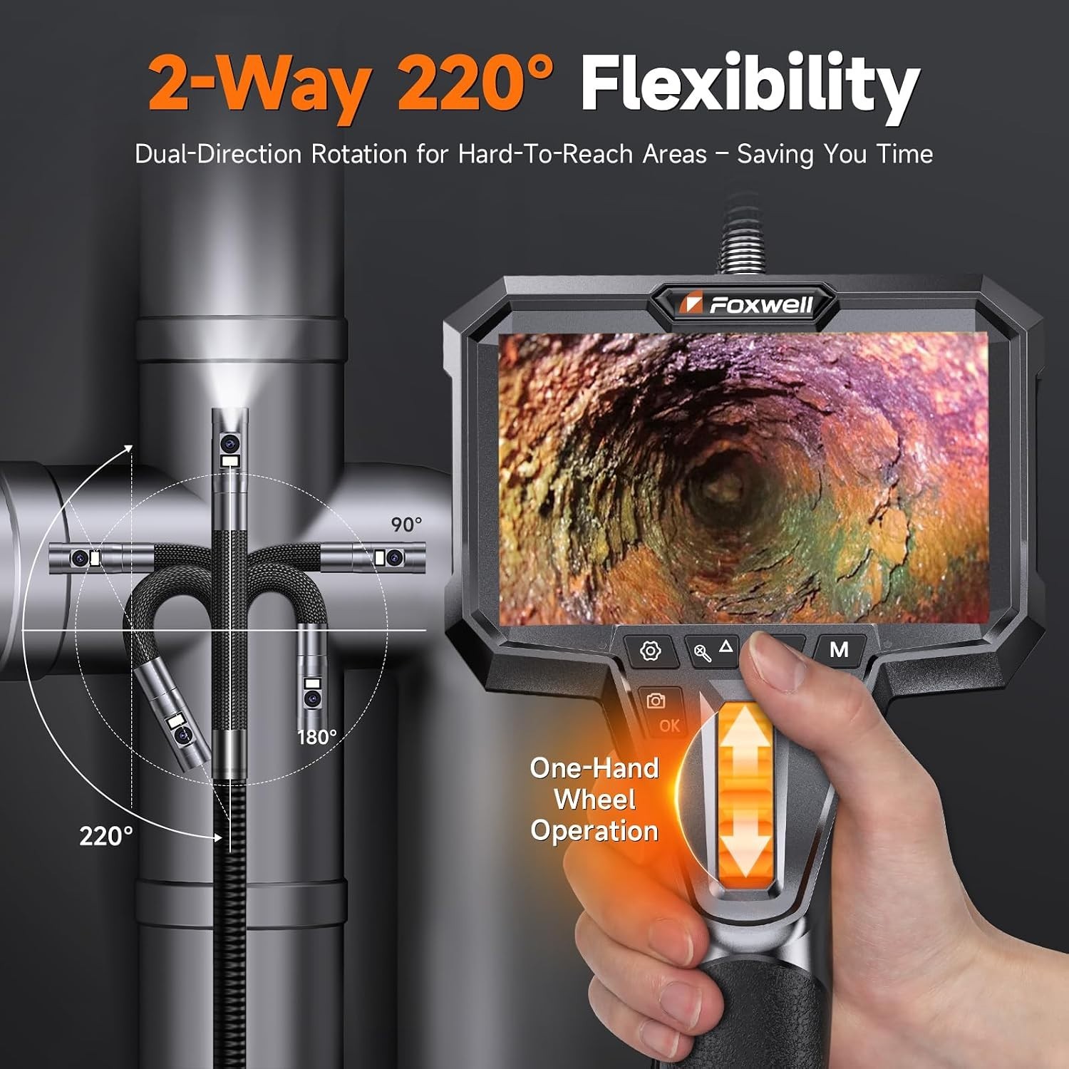Dual Lens Two-Way Articulating Borescope, 1080P Endoscope Camera with Light, IPS