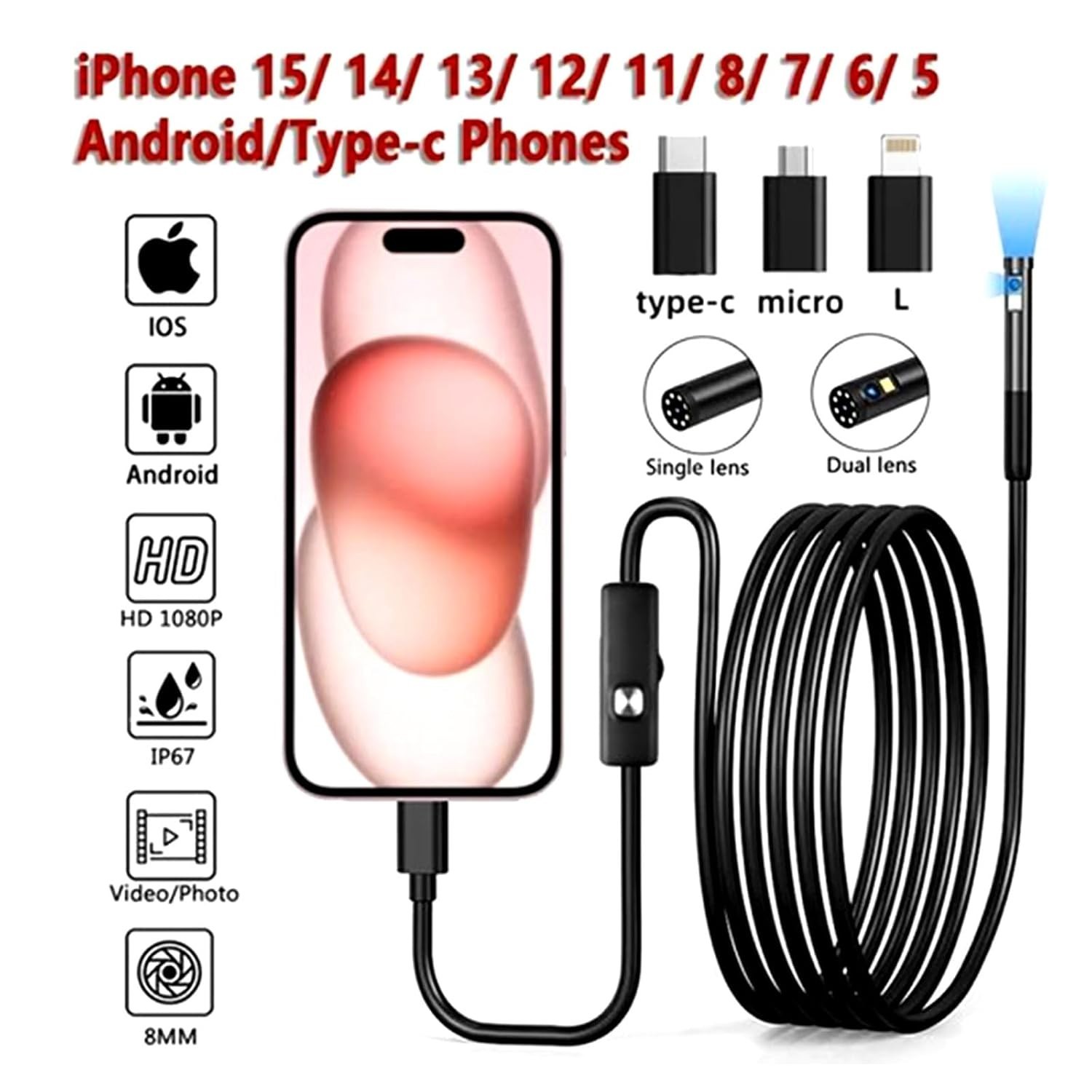 Endoscope Camera with 8LED Light,6.5FT 8MM Thick Semi-Rigid Snake Cameras, IP67