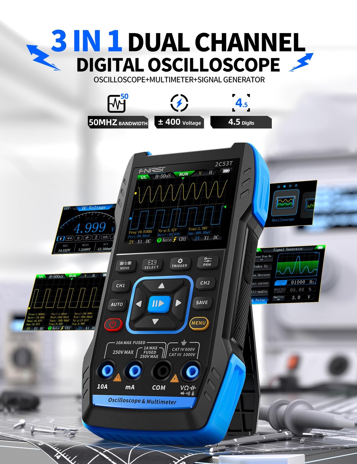 FNIRSI 2C53T 3in1 Digital Oscilloscope TouchScreen 50MHz Multimeter Signal Lab