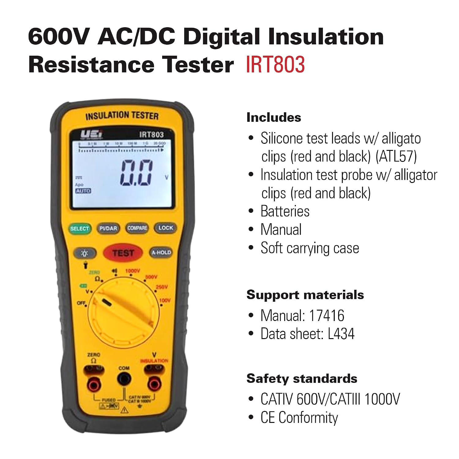 Uei IRT803 Insulation Resistance Tester 600V AC/DC, Megohmmeter Measures Insulat