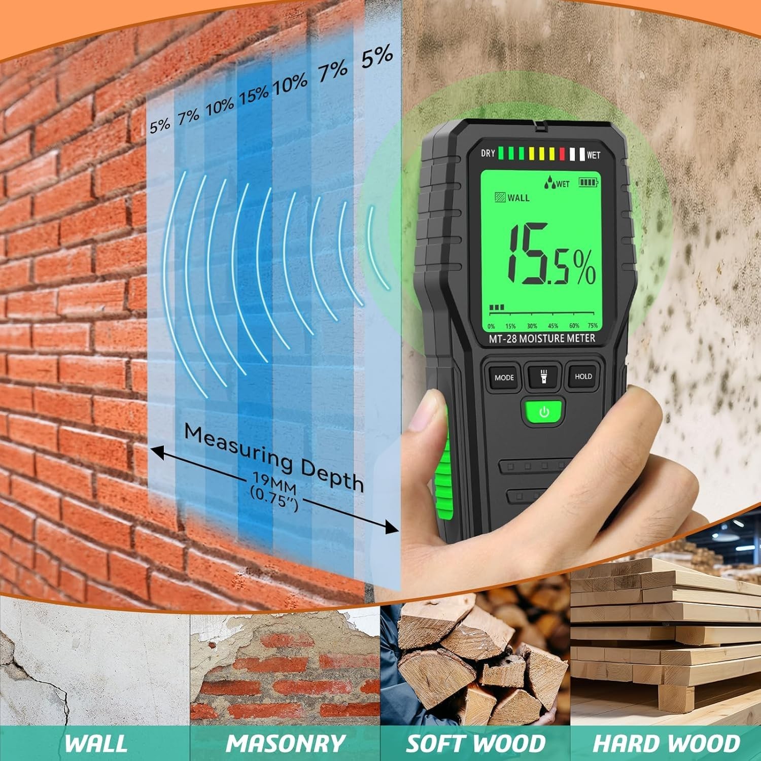 Pinless Wood Moisture Meter – Drywall, Mold & Lumber Moisture Detector with LCD