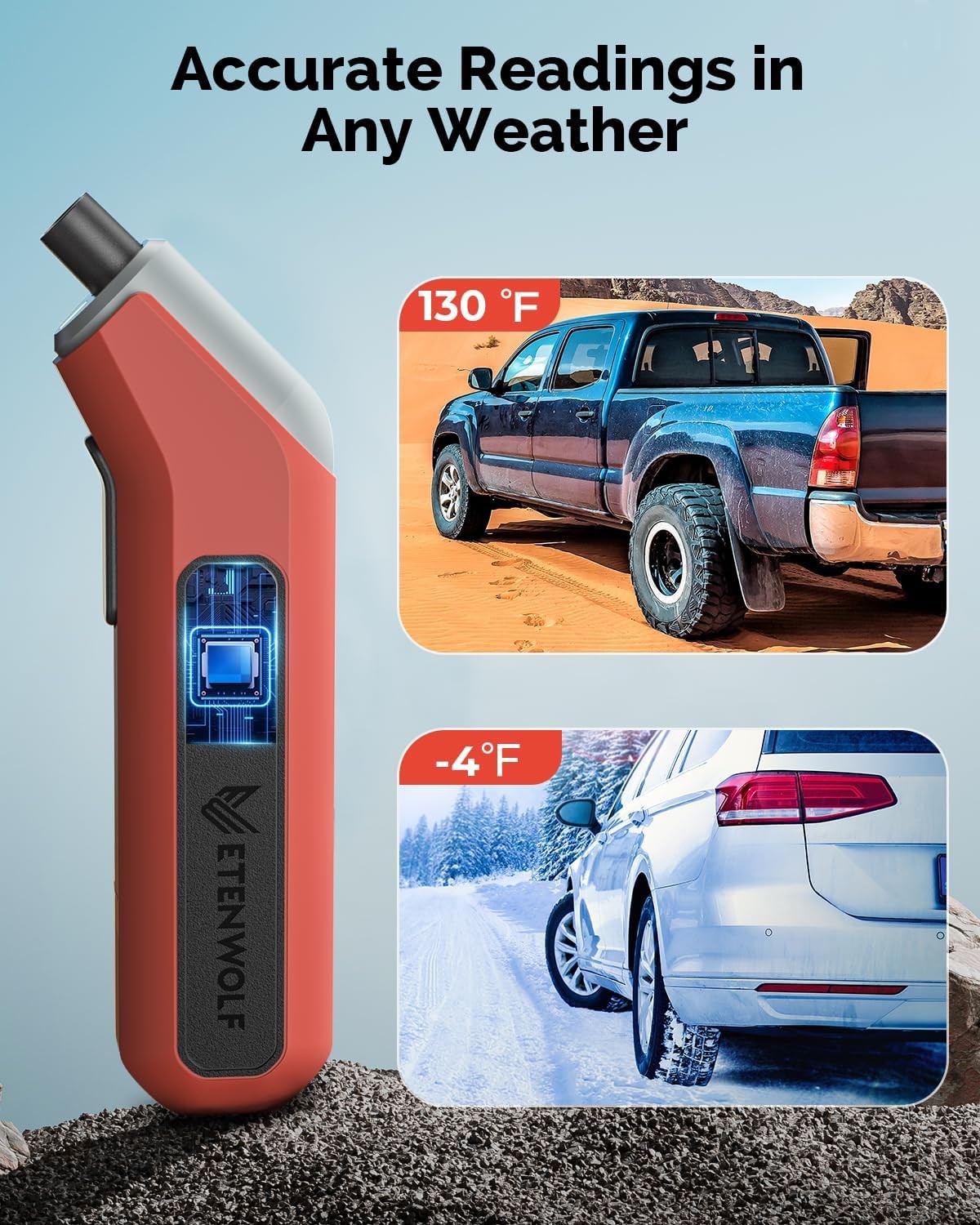 ETENWOLF T300 Digital Tire Pressure Gauge 3-200 PSI ANSI Calibrated Orange