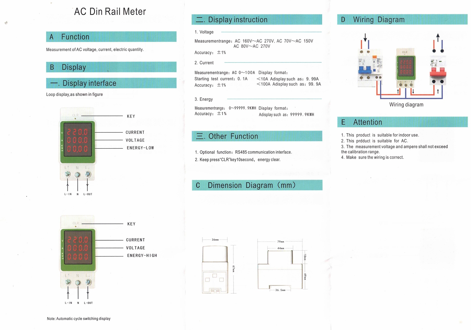 Electric Power Meter Monitor Watt Power KWH Din Rail AC 110V 220V 100A Voltmeter