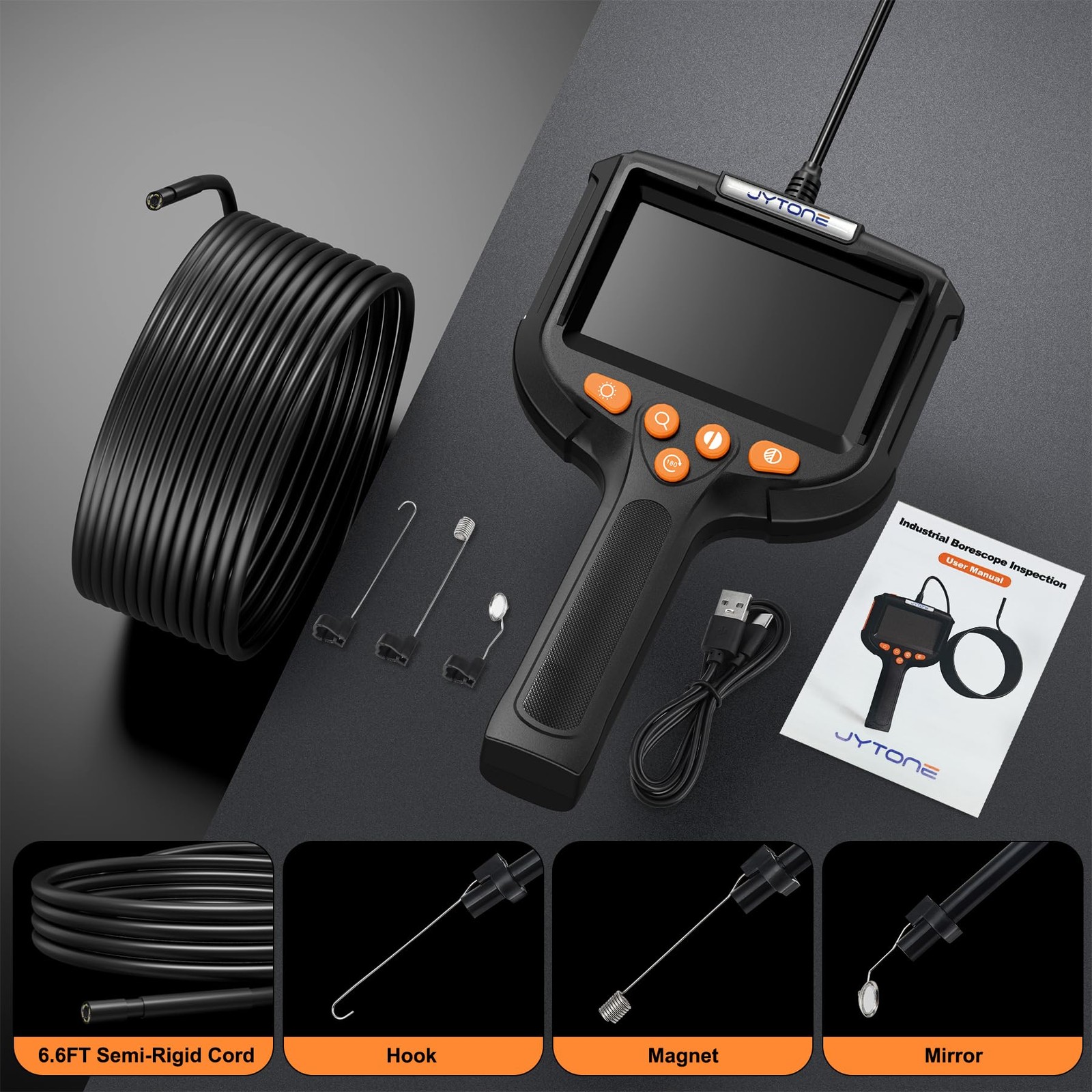JYTONE Borescope with Light, 4.3-Inch HD Display, 5.5mm Lens, 6.6 ft, Black