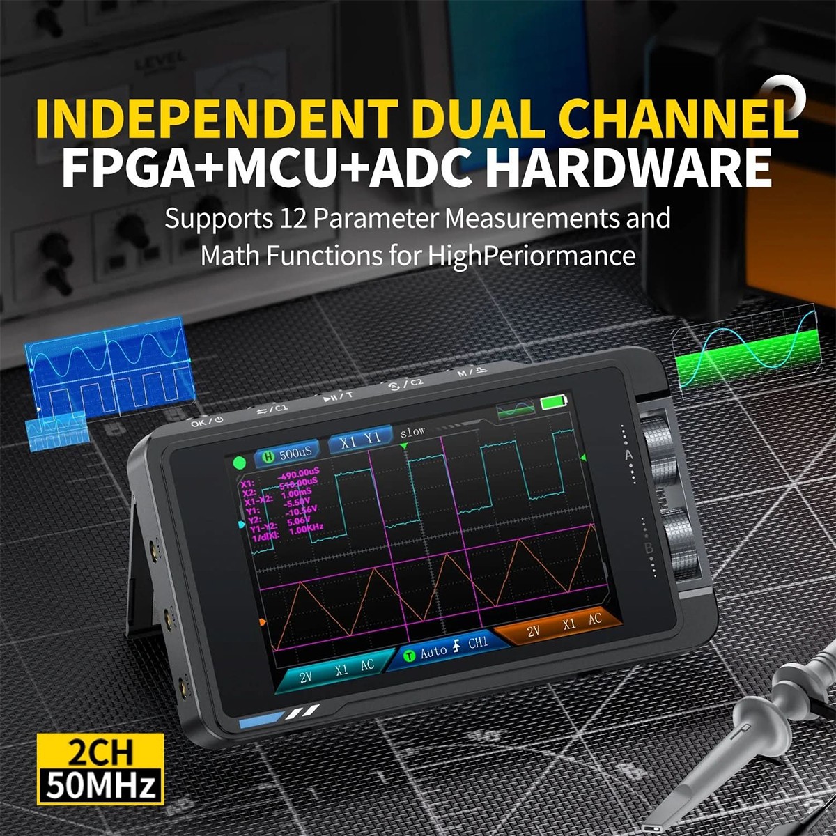 2-in-1 FNIRSI DS215H 3.5″ Handheld Oscilloscope 50MHz 2-Channel + 2x P6100 Probe