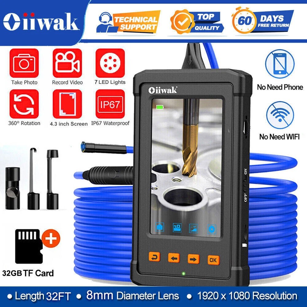 Oiiwak Endoscope – 8mm borescope camera, 4.3″ 1080p Screen, 1080P HD Video