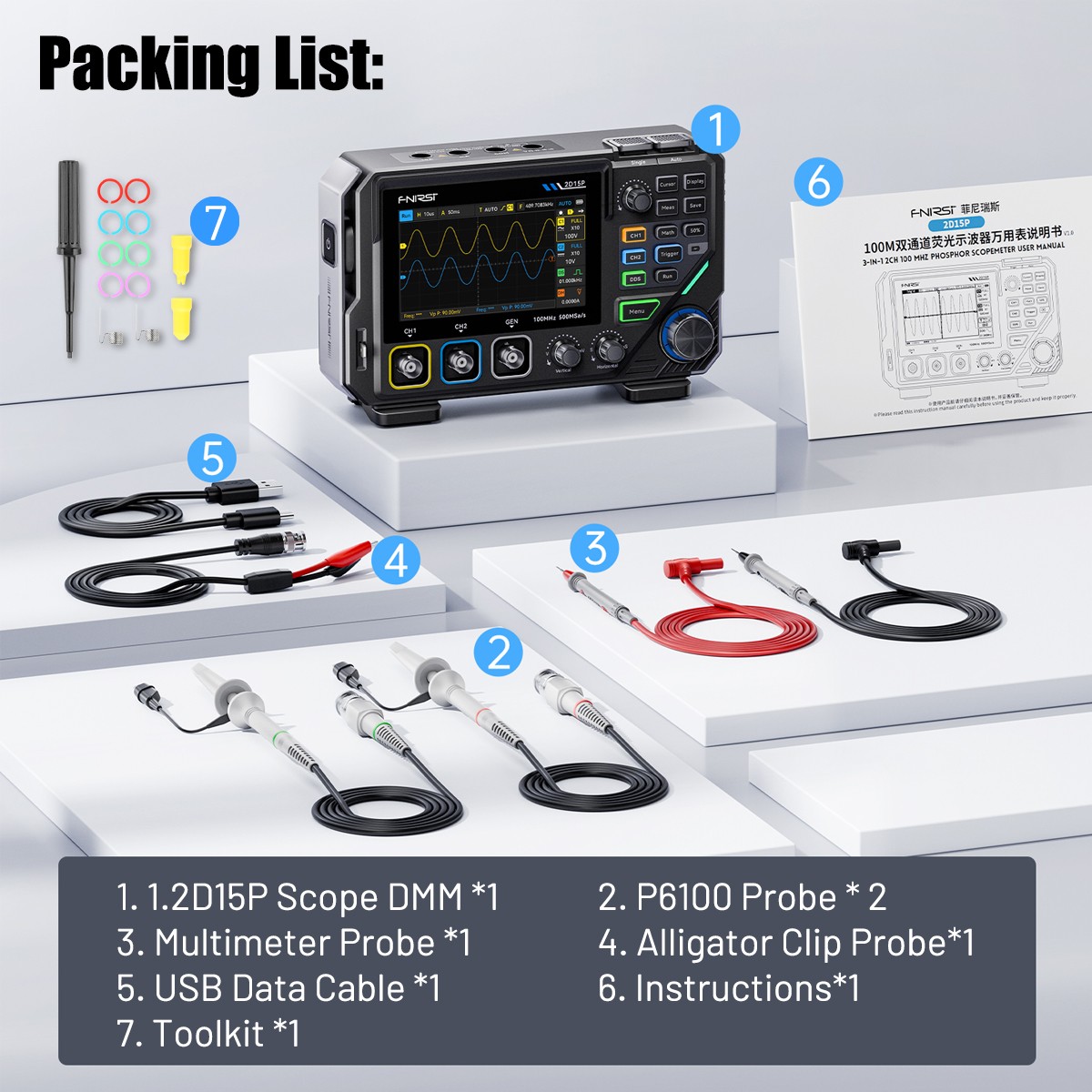 FNIRSI-2D15P Touchscreen Digital Oscilloscope Multimeter Signal Generator 100MHz