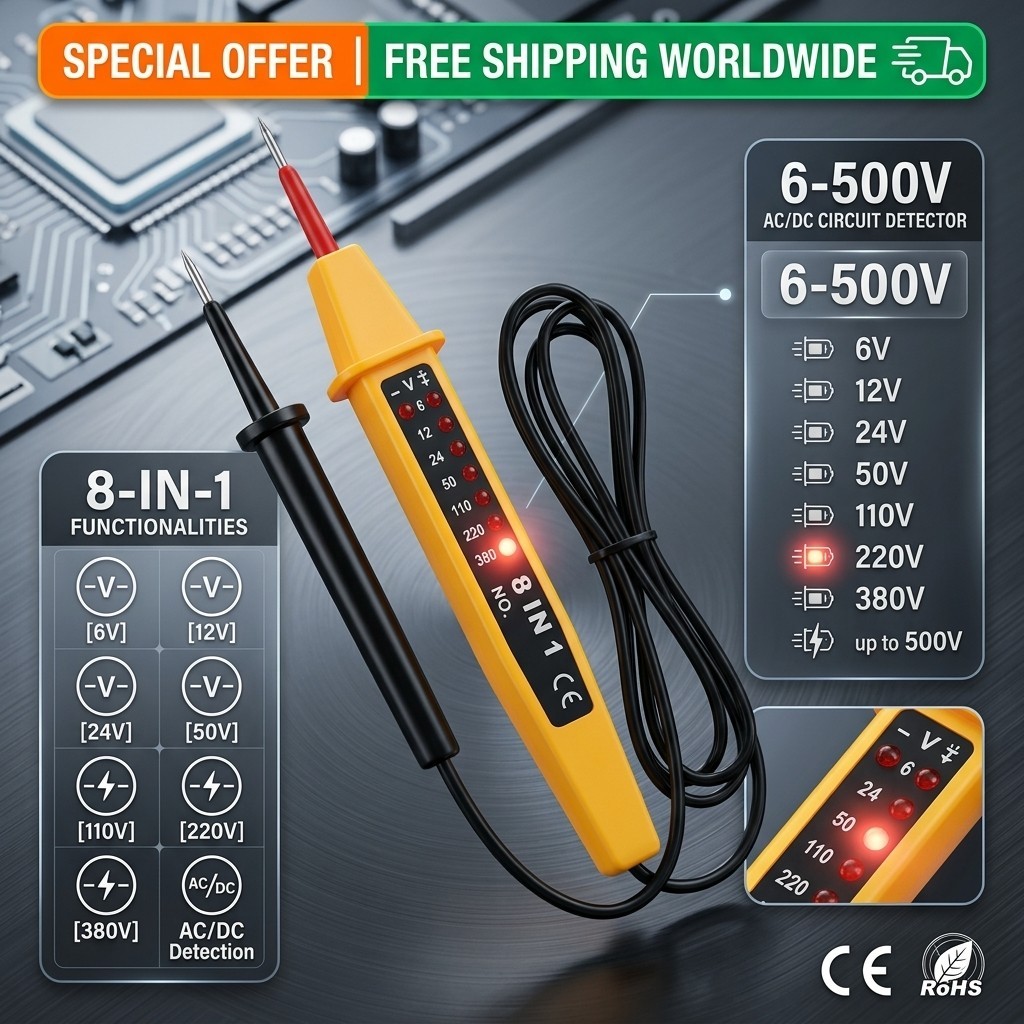 8-In-1 Electric Voltage Tester Pen 6-500V AC/DC Circuit Detector Test Tool