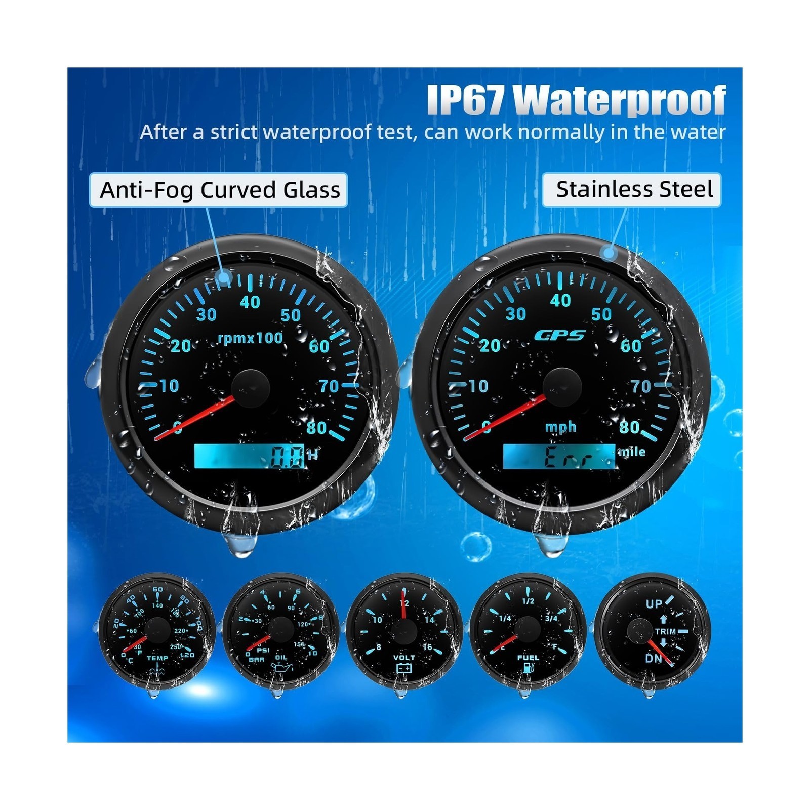 7 Gauge Set w/ GPS Speedometer, Tachometer – Marine Boat Gauge Black