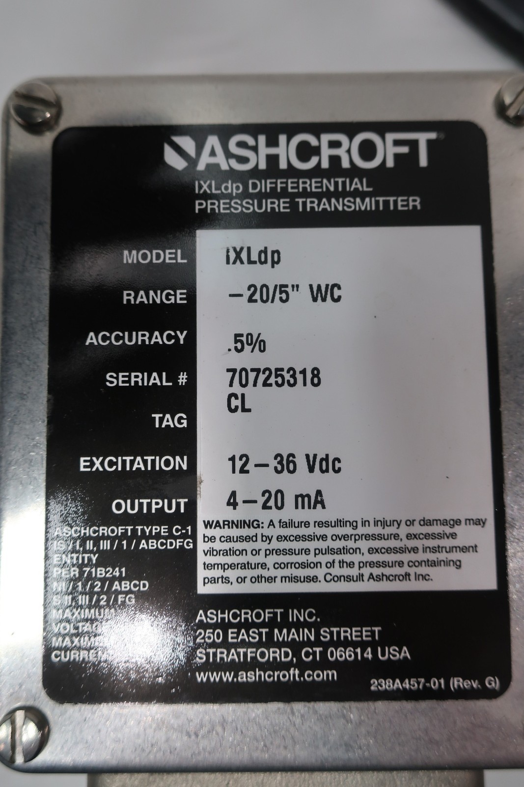 Ashcroft IXLDP Differential Pressure Transmitter 0-200in-h2o 12-36v-dc