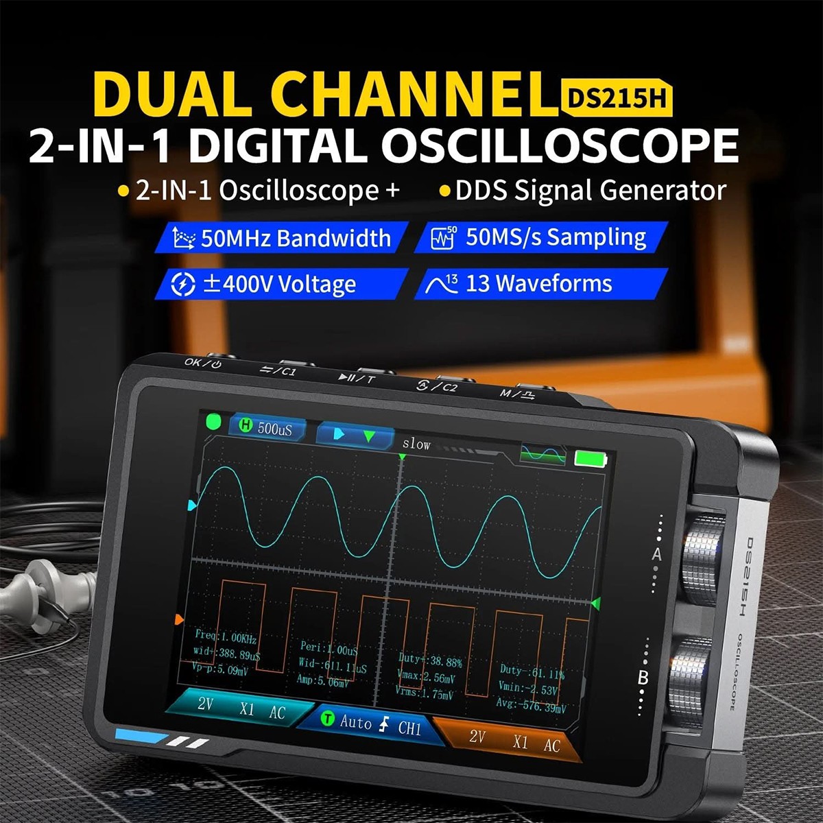 2-in-1 3.5″ FNIRSI DS215H Handheld Oscilloscope 50MHz 2-Channel + P6100 Probe*2