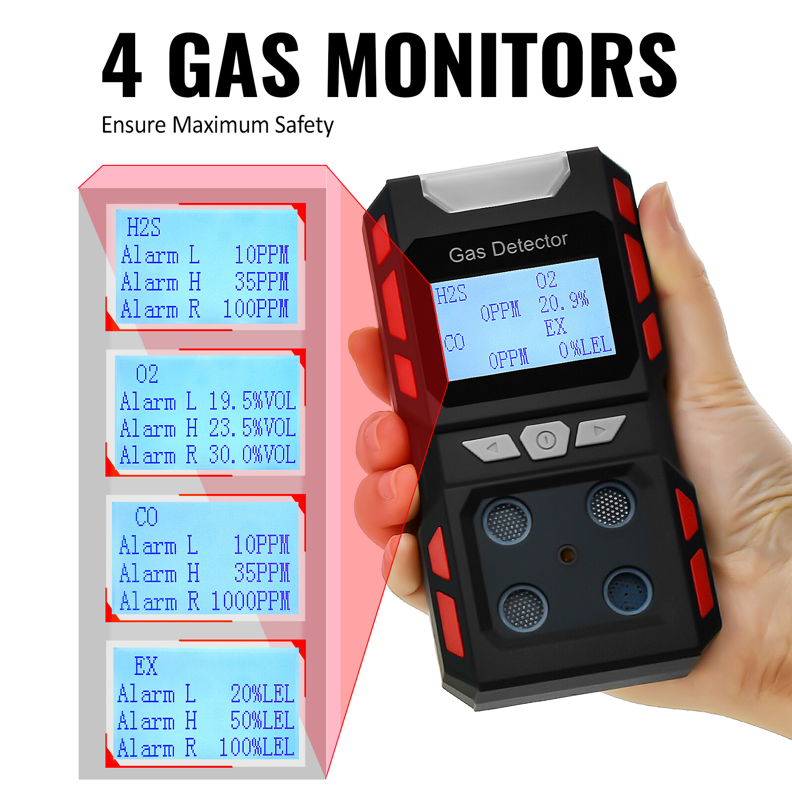 Rechargeable 4 in 1 Gas Detector 4-Gas Monitor-Meter Tester with Belt Clip