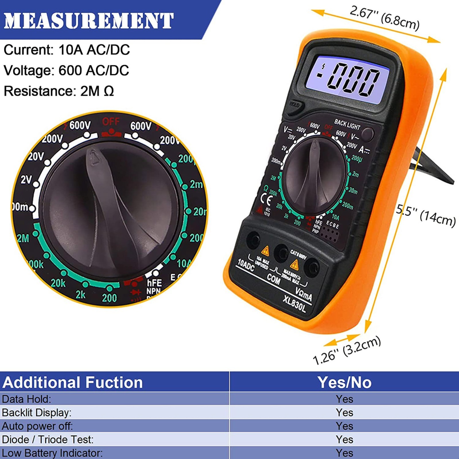 Digital Multimeter LCD Voltmeter Ammeter Ohmmeter Volt AC DC Tester Lead Meter i