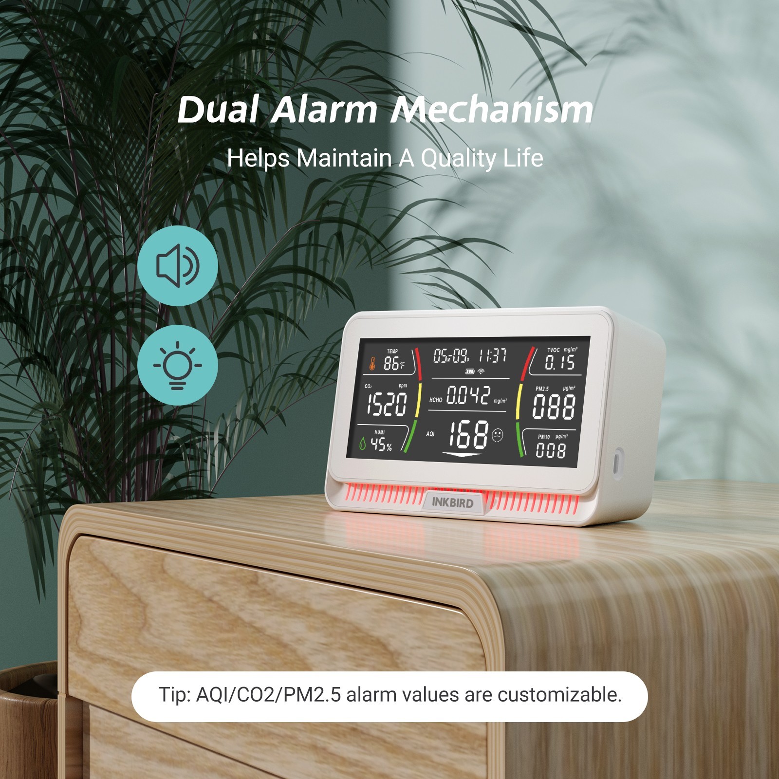 INKBIRD Co2 Monitor Air Quality Detector 10-IN-1 Real-time Monitoring HCHO AQI