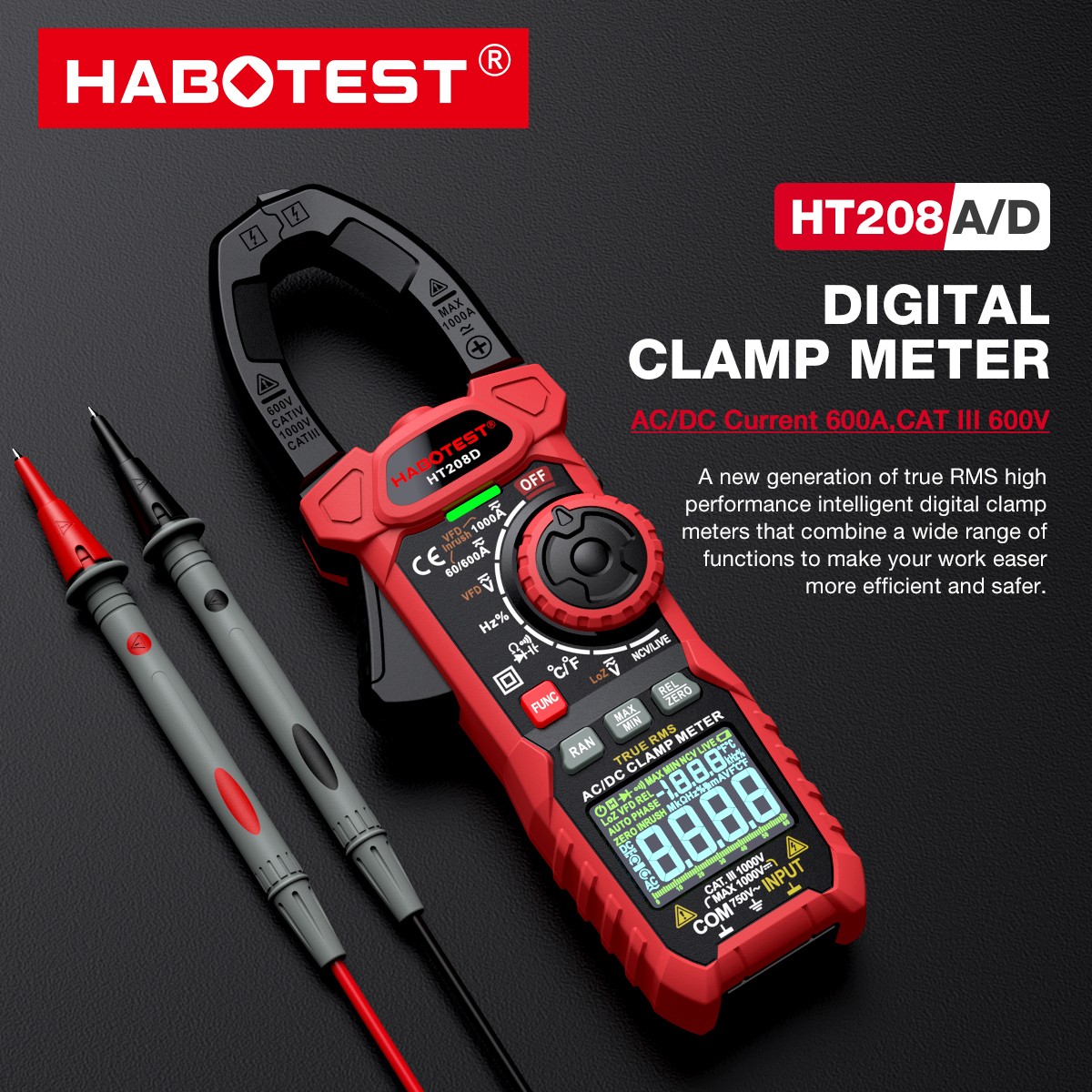 HABOTEST HT208D Digital Clamp Multimeter Volt Am Ohm Tester True RMS Battery