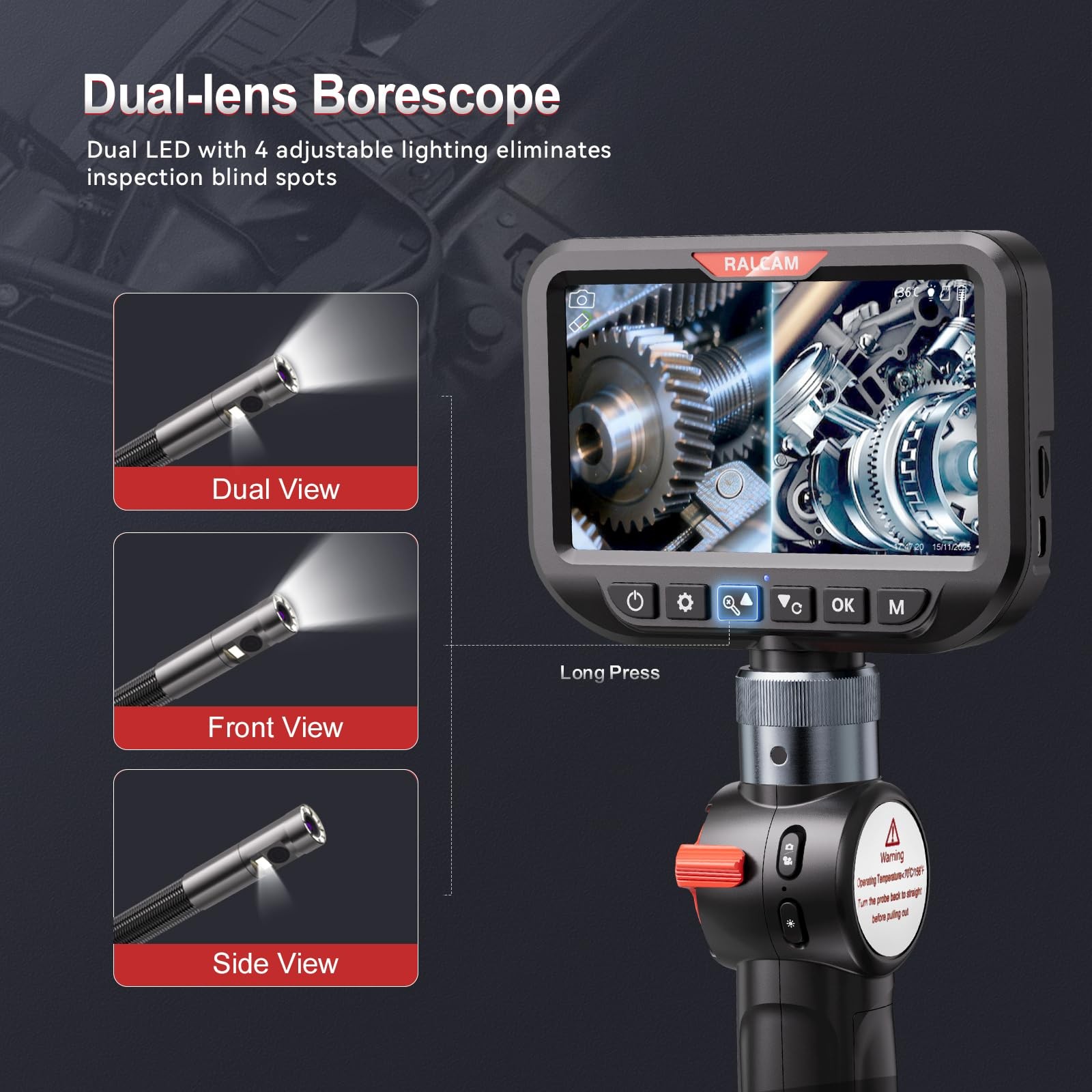 RALCAM Dual Lens Articulating Borescope, 10FT Semi-Rigid Inspection Camera wi…