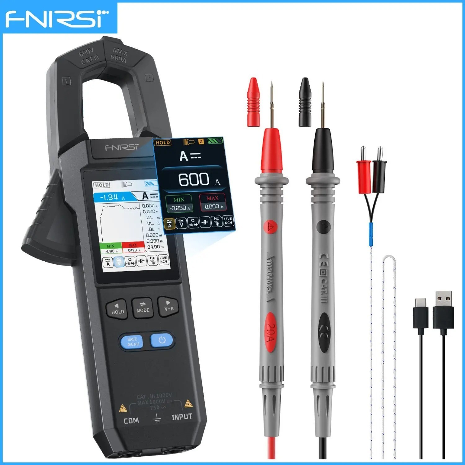 FNIRSI DMC-100 Clamp Meter 10000 Counts TRMS AC DC 600A Digital Multimeter USB