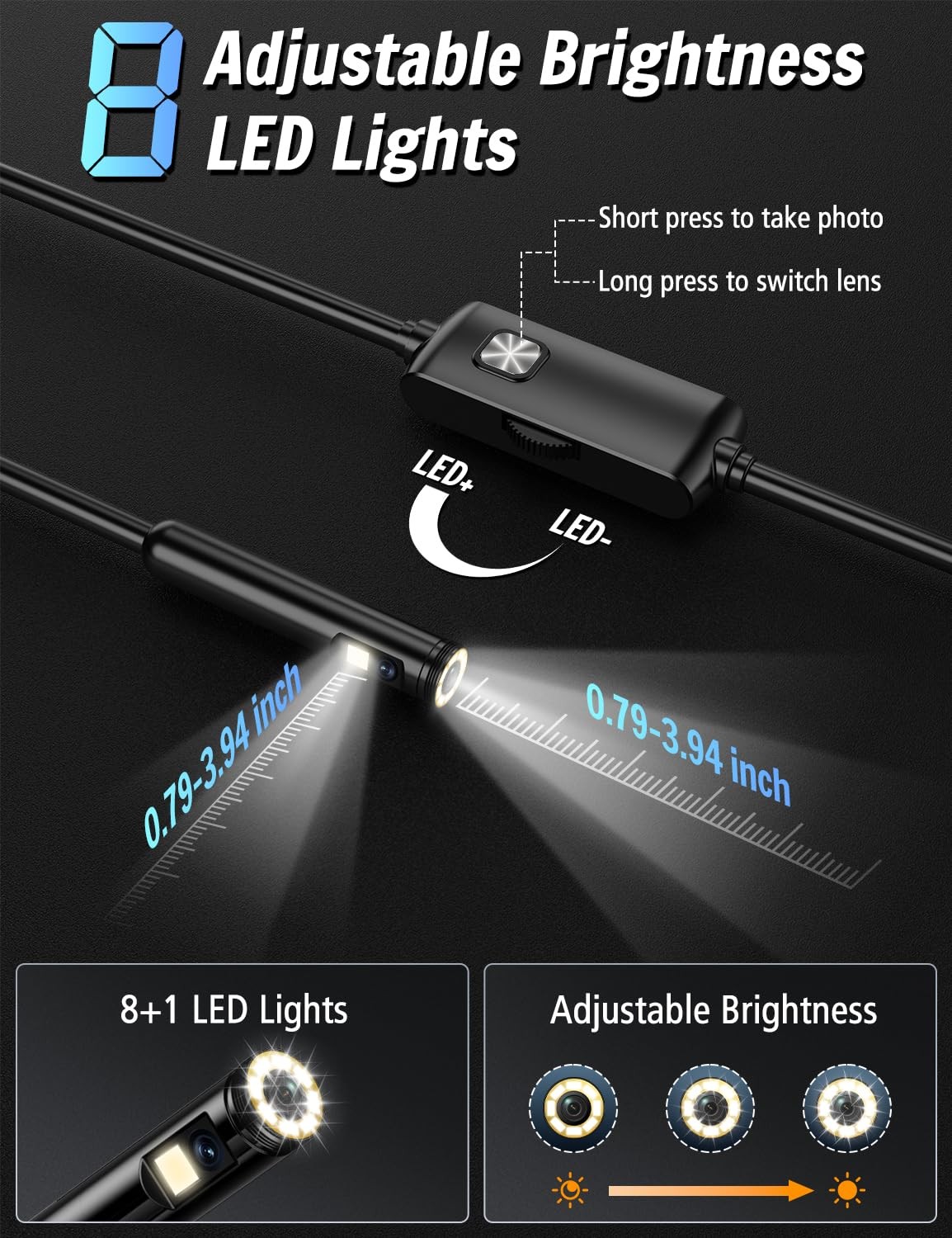 Dual Lens Endoscope Camera -1920P HD Borescope with 8 LED Lights for iOS/Android