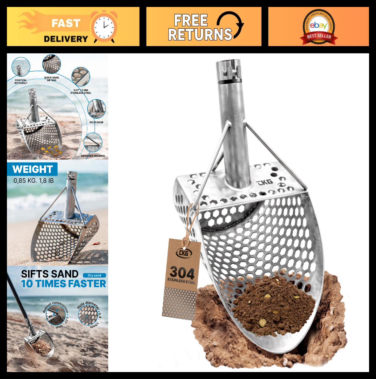 Heavy Duty Sand Scoop for Metal Detecting – Stainless Steel Sifter Shovel 9×6