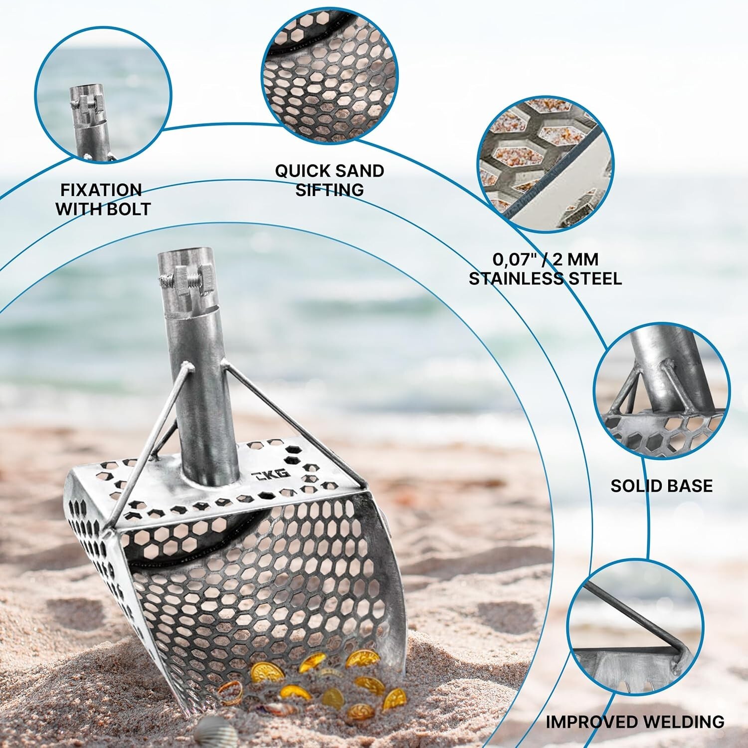 CKG Sand Scoop for Metal Detecting Sand Sifter for Beach Stainles Steel 304, 9×6