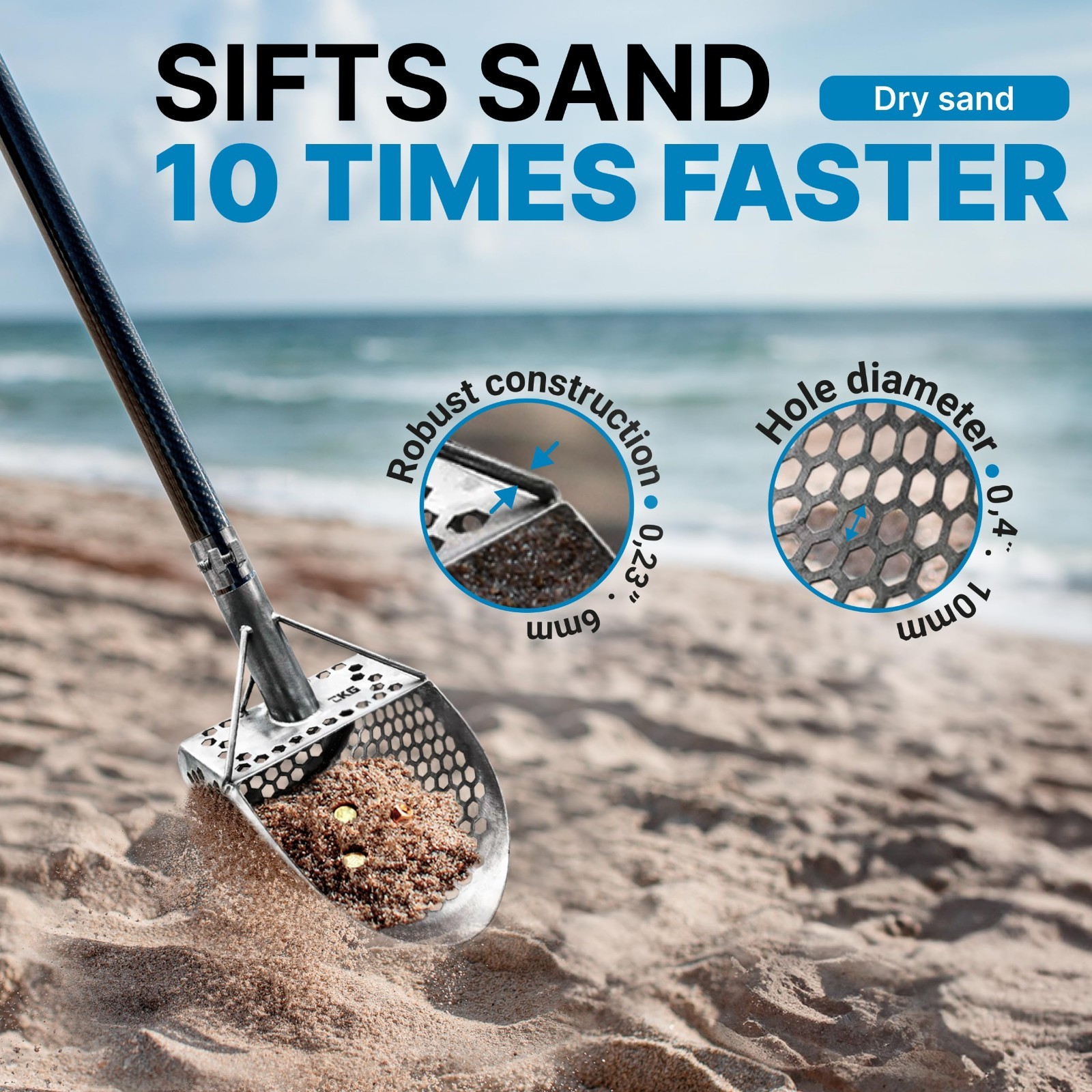 Heavy Duty Sand Scoop for Metal Detecting – Stainless Steel Sifter Shovel 9×6