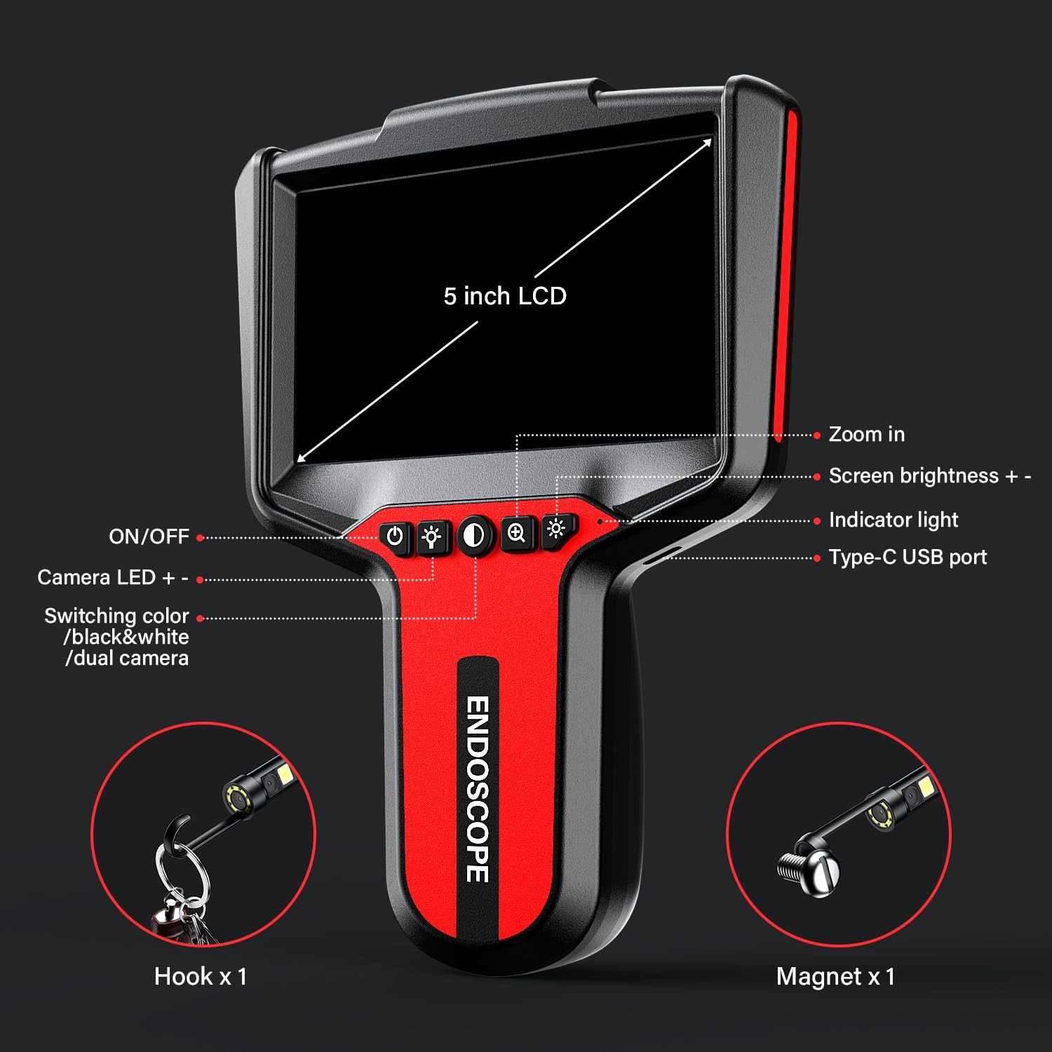 1080P Dual-Lens Industrial Endoscope Camera 16.4ft Waterproof Sewer Borescope