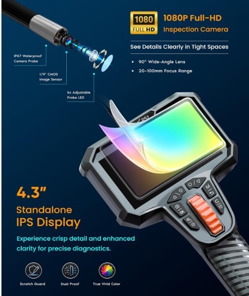 ROVE RS2 Articulating Borescope Camera with Light, 1080P Industrial Endoscope