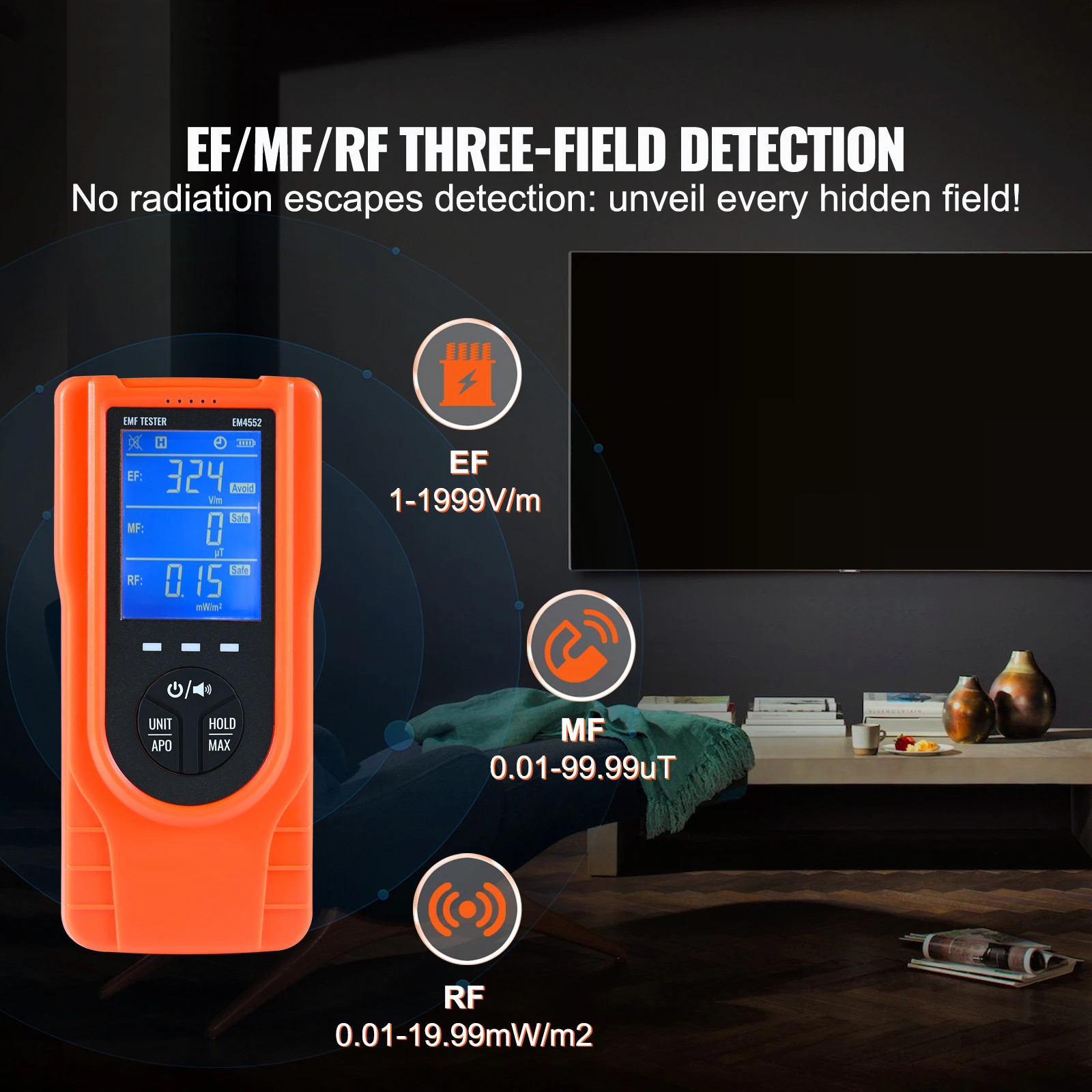 3-in-1 EMF Meter 5Hz-3.5GHz Rechargeable LCD EMF Radiation Tester Handheld Scans